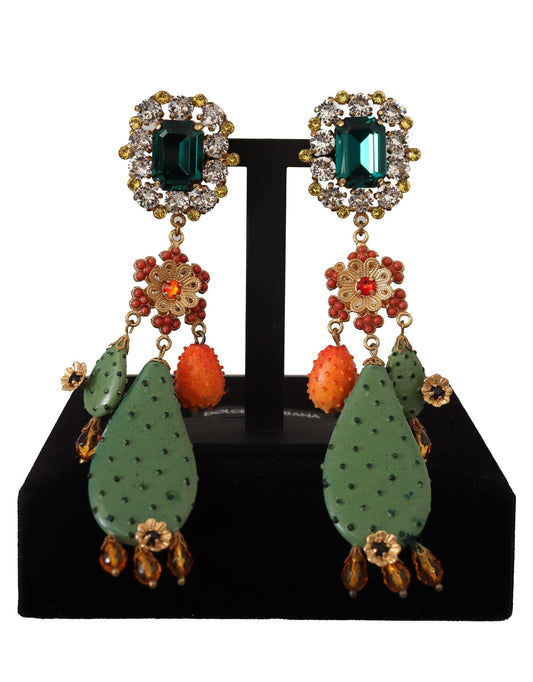 Green Cactus Crystal Gold Clip-on Jewelry Dangling  Earrings