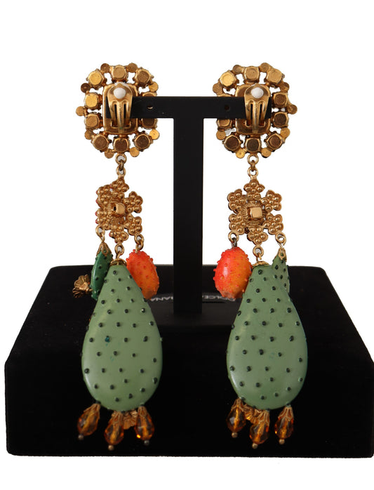 Green Cactus Crystal Gold Clip-on Jewelry Dangling  Earrings