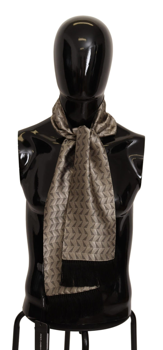 Elegant Fringed Silk Scarf in Khaki & Black