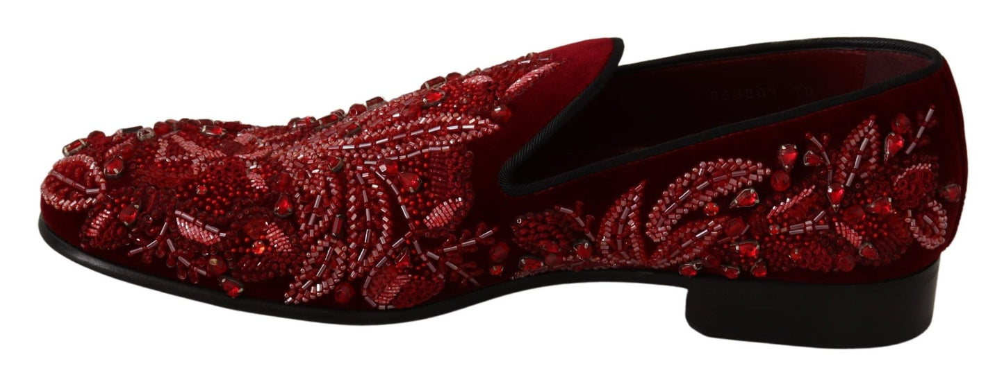 Red Velvet Crystal Embellished Loafers
