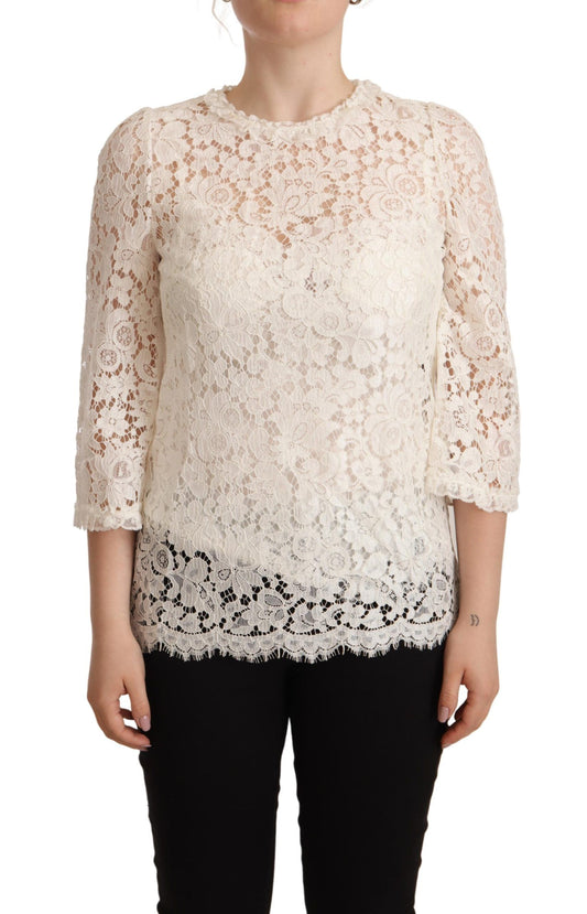 Elegant White Floral Lace Top with 3/4 Sleeves