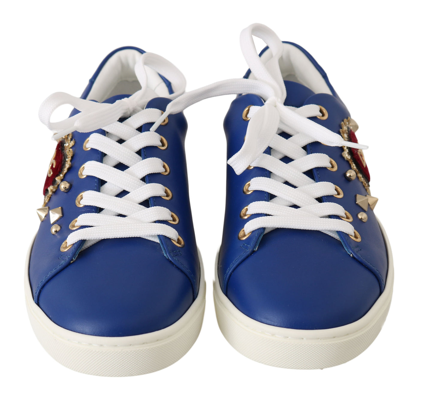Chic Blue Leather Sneakers with Velvet Heart
