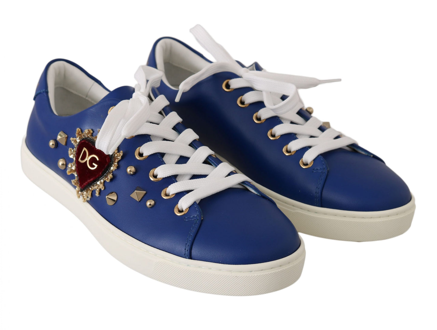 Chic Blue Leather Sneakers with Velvet Heart