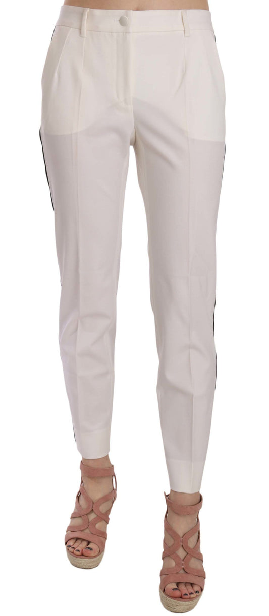 Elegant White Stripe Wool Tapered Trousers