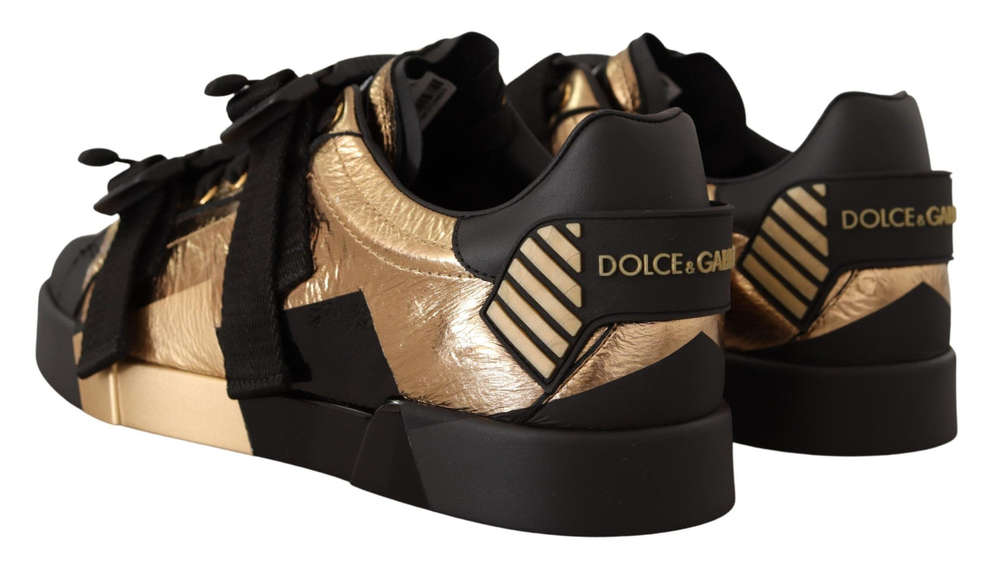 Elegant Gold Black Leather Sneakers
