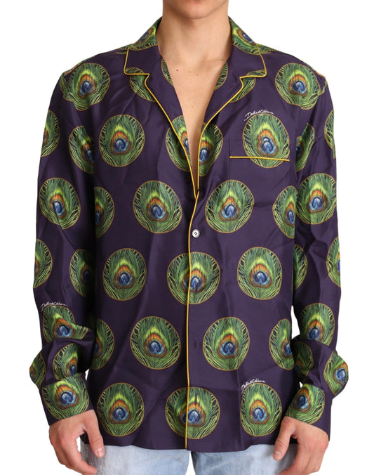 Exquisite Silk Casual Men's Shirt in Purple and Green