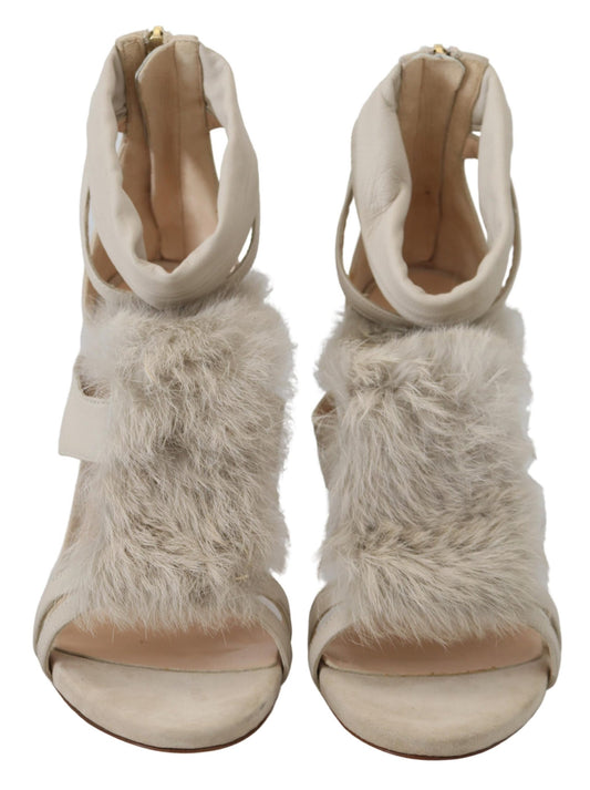 Beige Leather Feathered Heel Sandals