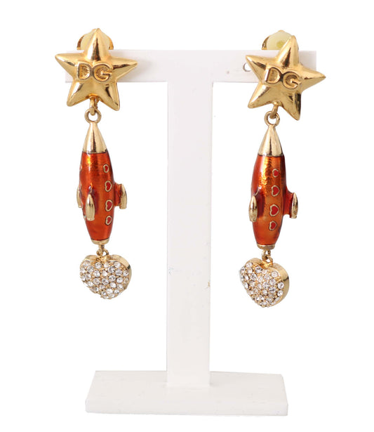 Gold Brass Rocket Crystal Design Dangling Earrings
