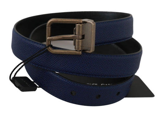 Elegant Blue Leather Belt with Gold Buckle