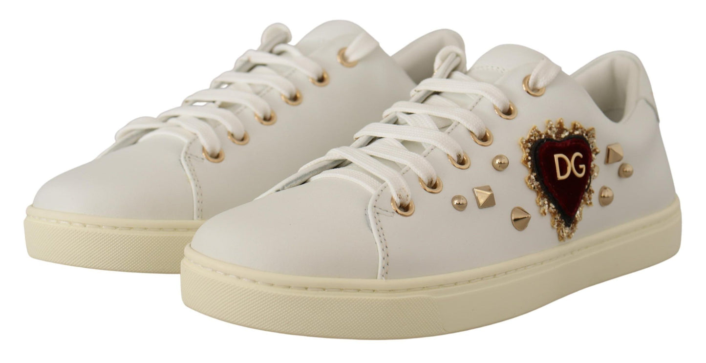 Chic White Sneakers with Gold Studs and Heart Detail