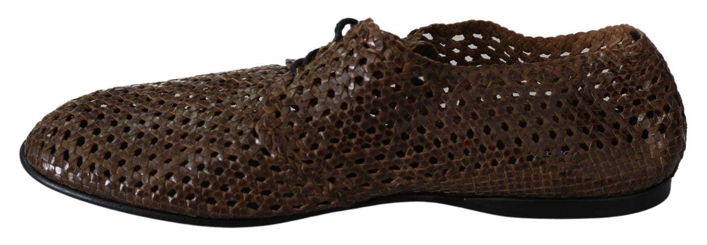 Brown Leather Hand-woven Derby Shoes