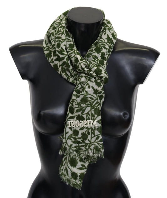 Elegant Green Wool Scarf with Floral Detail