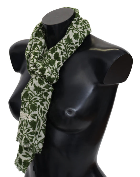 Elegant Green Wool Scarf with Floral Detail