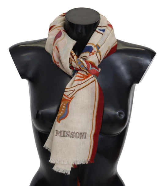 Chic Multicolor Wool Scarf with Floral Embroidery