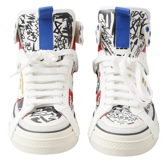 White Graffiti Leather High Top Sneaker Shoes