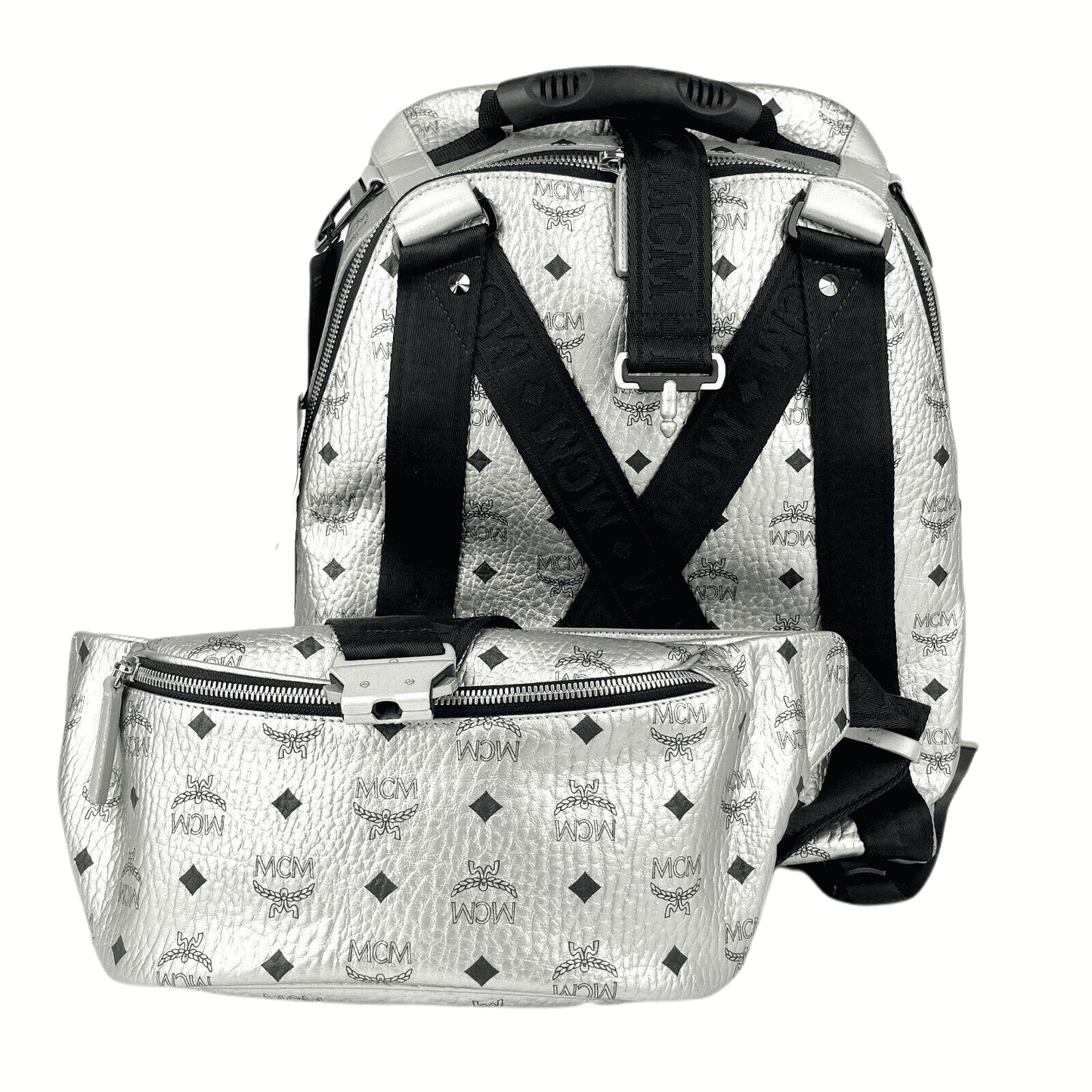 MCM Women Jemison 2in1 Silver Visetos Medium Backpack Belt Bag