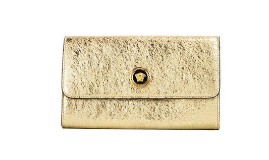 Small Metallic Gold Lamb Leather Medusa Clutch Crossbody Wallet Purse