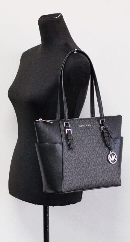 Charlotte Black PVC Leather Large Top Zip Tote Handbag Bag Purse