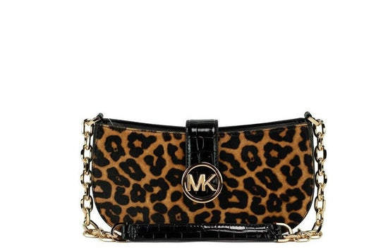 Carmen Small Black Leather Leopard Haircalf Pouchette Handbag Purse