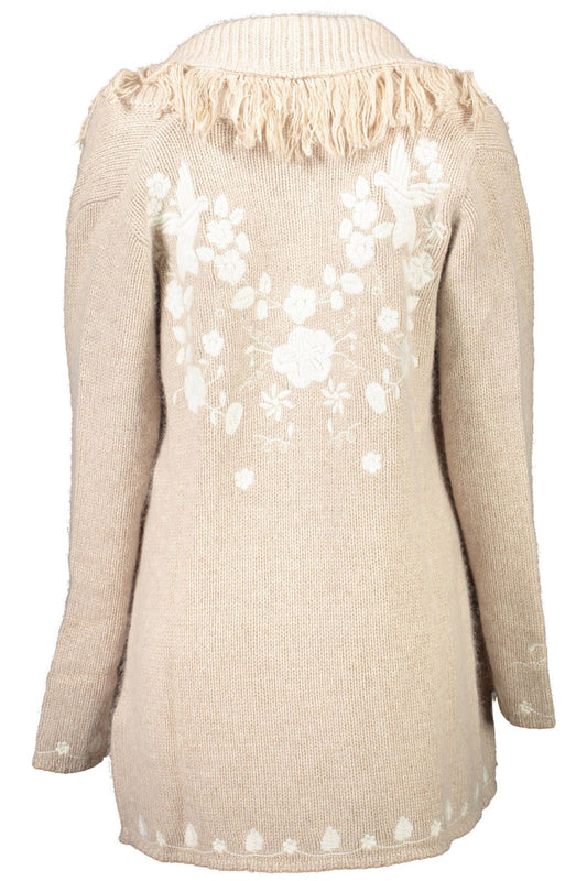 Chic Beige Wool Cardigan with Embroidery Details
