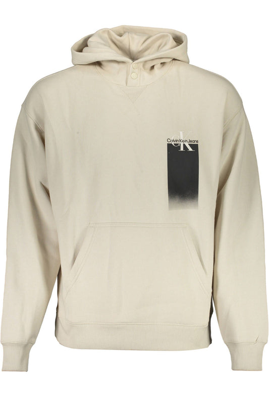 Beige Cotton Hooded Sweatshirt with Logo Print