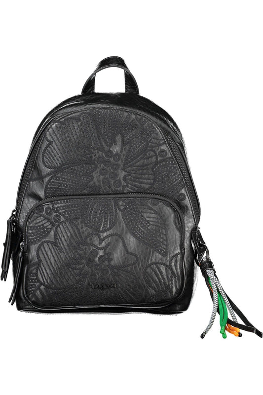 Embroidered Black Backpack with Contrasting Details