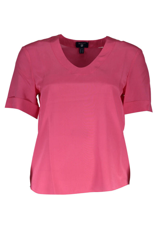 Silk V-Neck Tee in Pink with Logo Accents