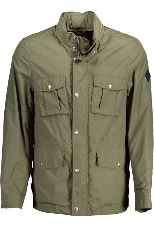 Sleek Green Trench Coat with Concealed Hood