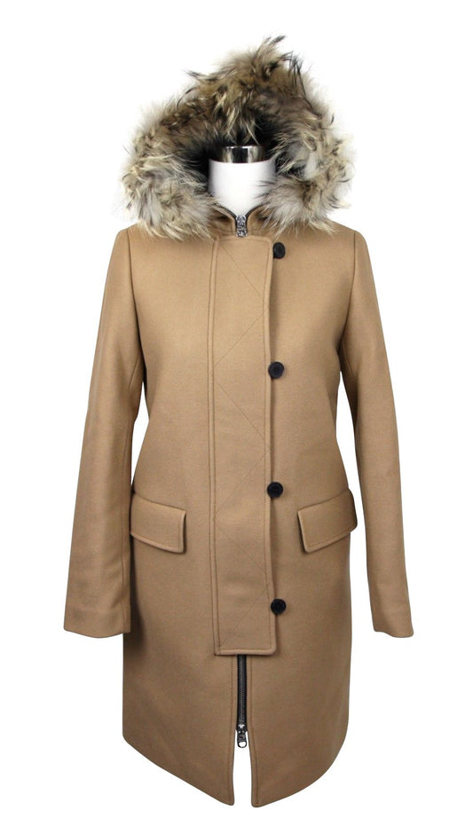 Women's Camel Kurt Wool Coat Fur Trim Hood