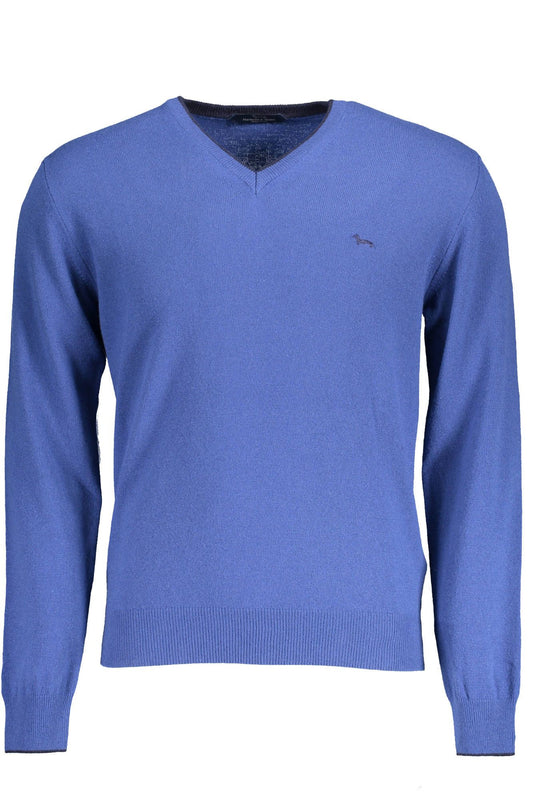 Elegant Blue V-Neck Wool Sweater with Contrast Details