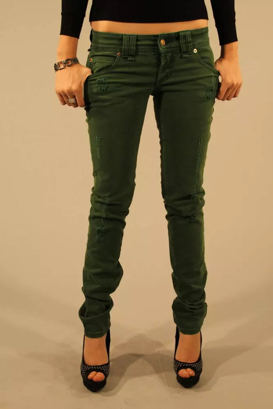 Chic Green Distressed Button-Zip Jeans