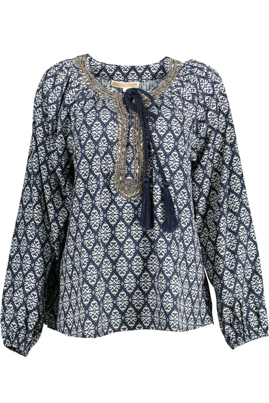 Chic Blue Long Sleeve Blouse with Lace Detailing