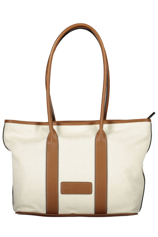 Chic Beige Cotton Shoulder Bag with Contrasting Details