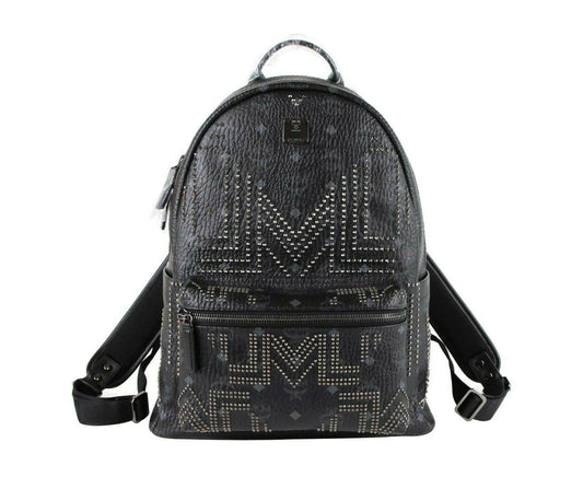 MCM Black Coated Canvas Studded Medium Backpack