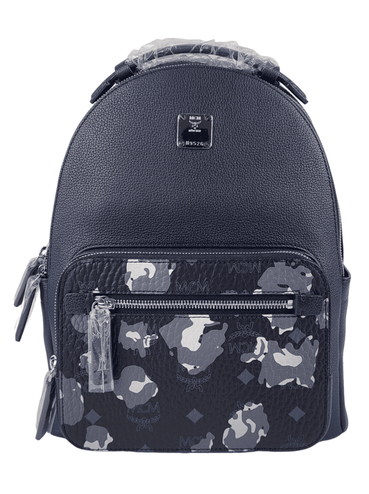 MCM Navy Leather Small Backpack with Camo Print