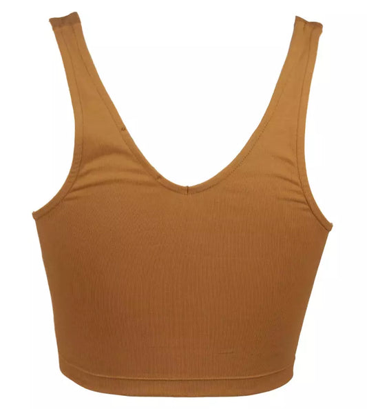 V-Neck Stretch Cotton Top in Brown