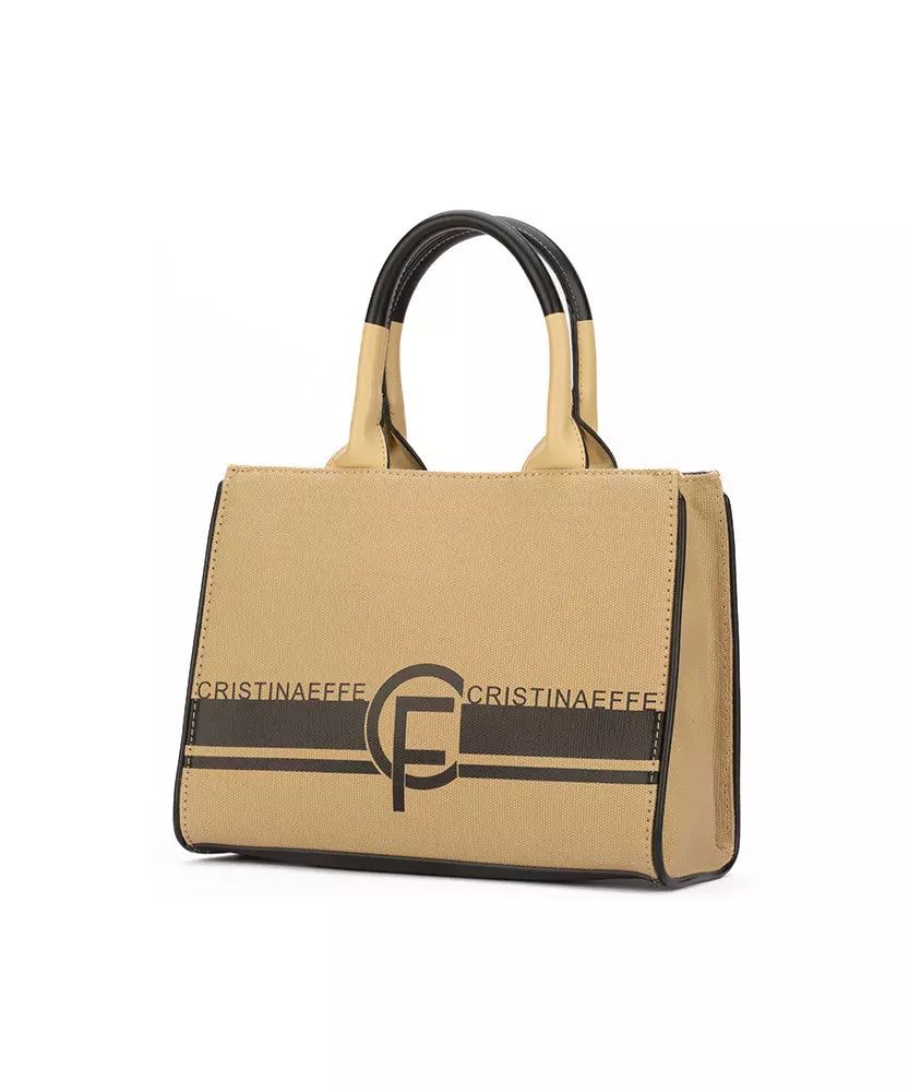 Beige Fabric Shopper with Faux Leather Handles