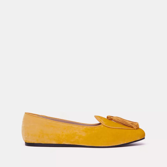 Elegant Velvet Yellow Flats with Tassel Detail