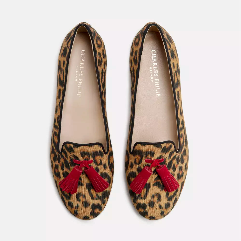 Elegant Leopard Print Silk Loafers