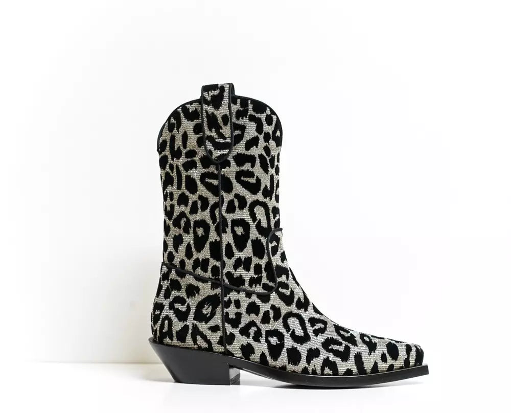 Elegant Black Leopard Texan Boots with Silver Accents
