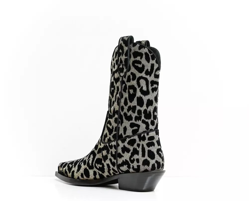 Elegant Black Leopard Texan Boots with Silver Accents