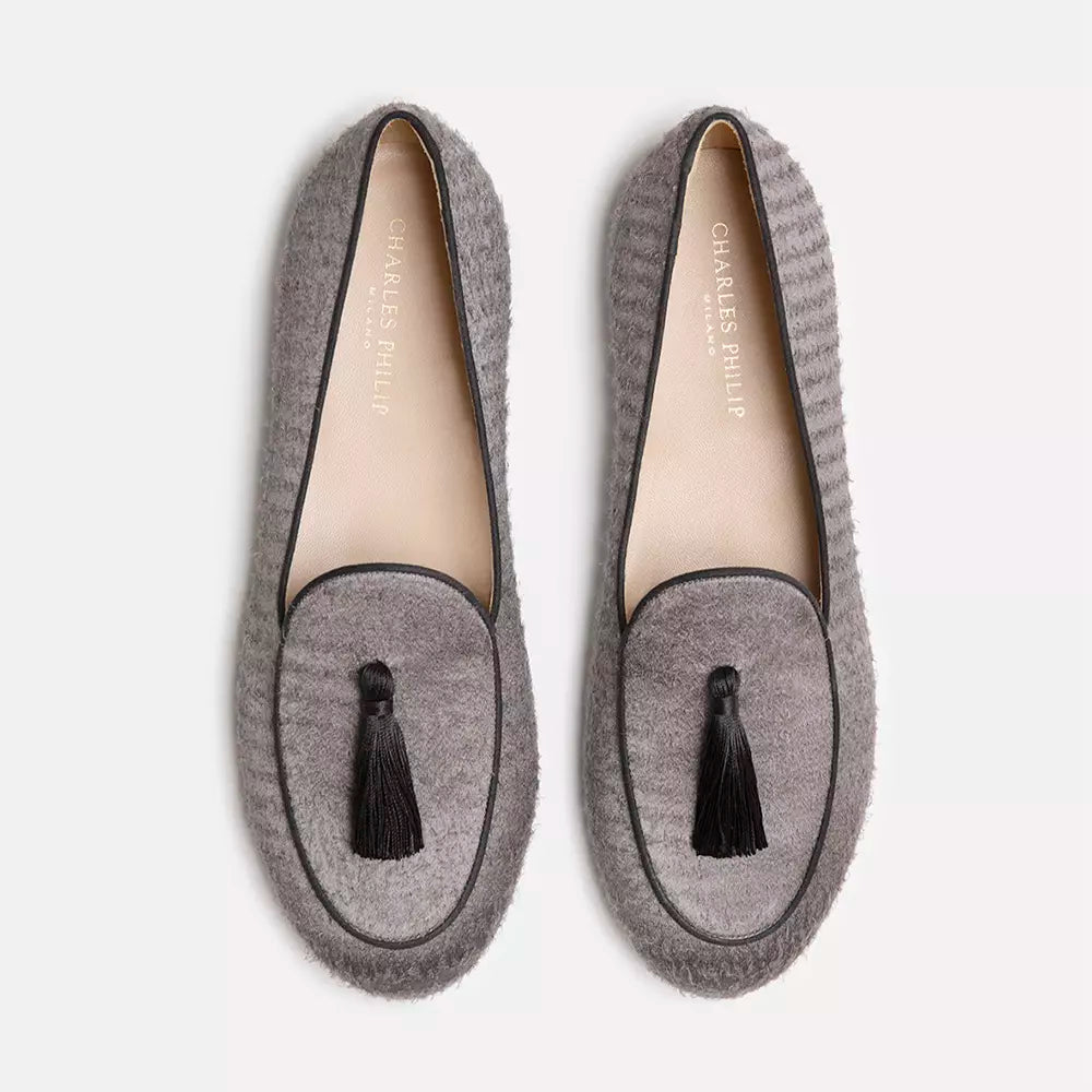 Elegant Textured Gray Slip-On Loafers