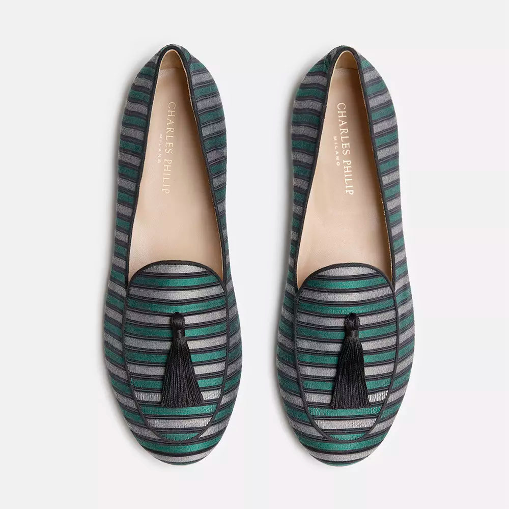 Elegant Striped Silk Loafers with Tassel
