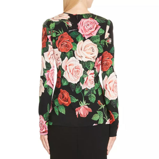 Elegant Long Sleeve Silk Rose Print Blouse