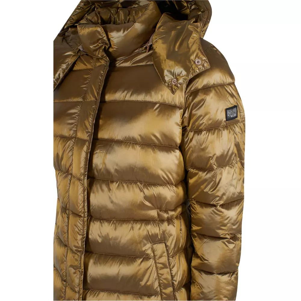 Elegant Long Down Jacket with Hood in Yellow