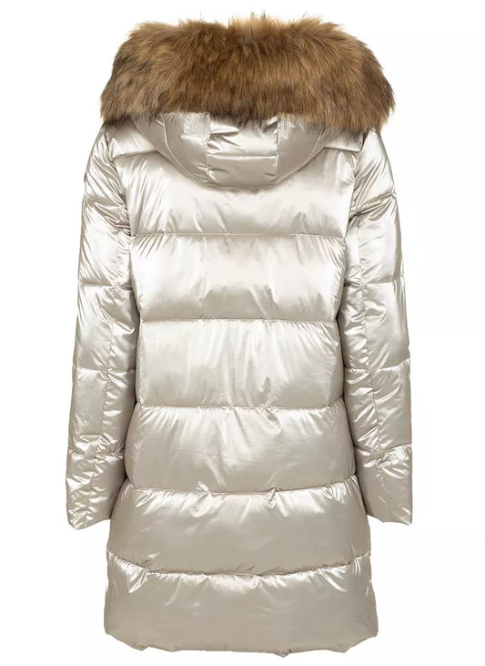 Chic Gray Eco-Fur Trimmed Long Down Jacket