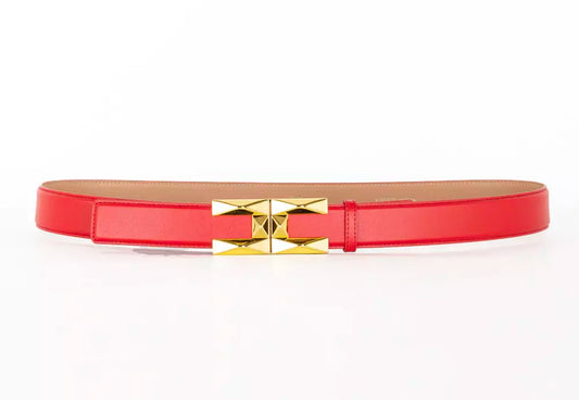 Chic Red Faux Leather Belt with Gold Logo Hardware