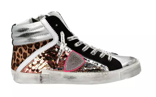 Elegant Gray Leather Sneakers with Sequin Details