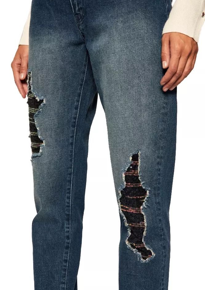 Chic High-Waisted Distressed Sequined Jeans
