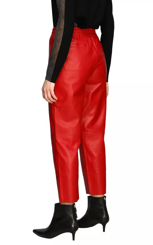 Elegant Red Lambskin Trousers with Elastic Waist